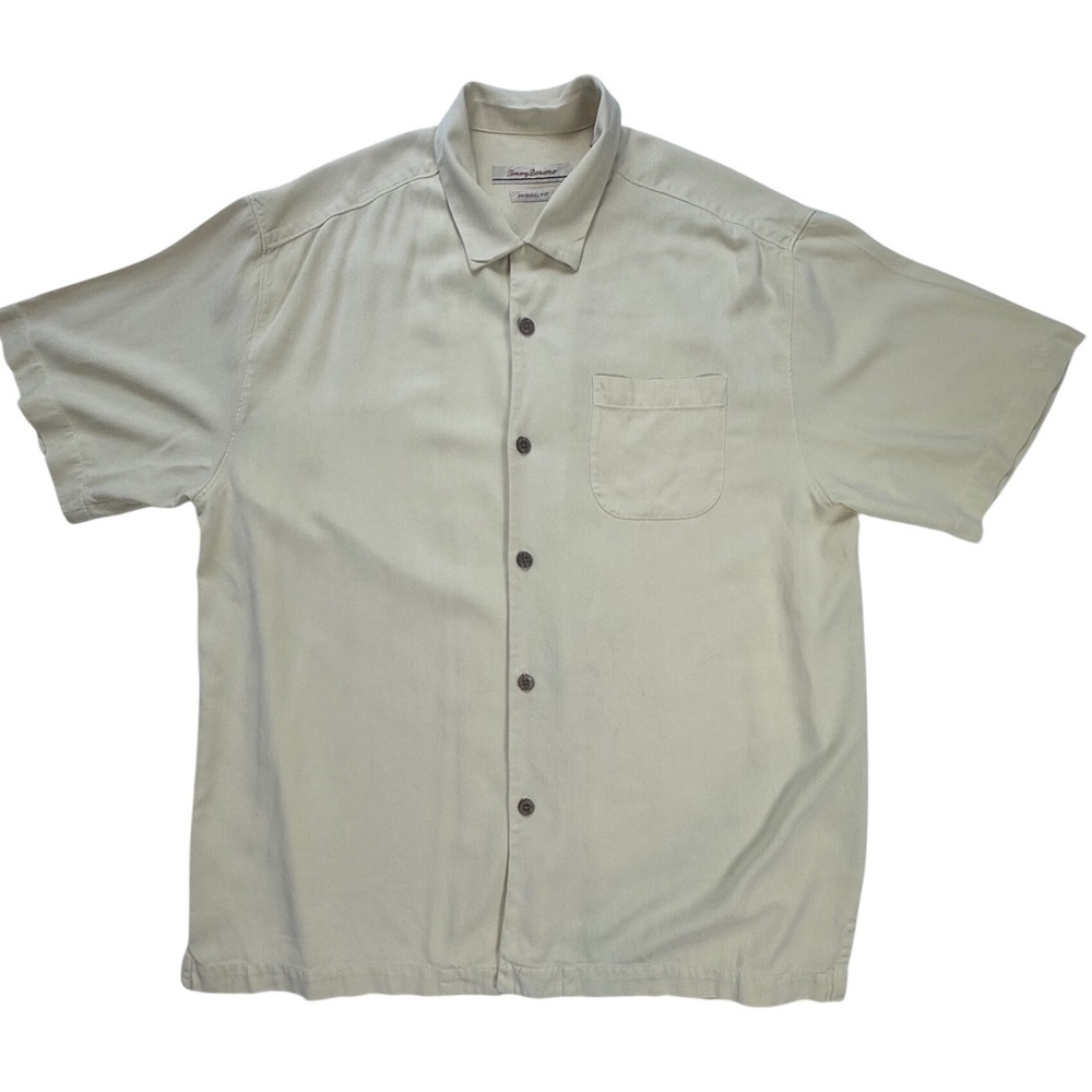 Tommy Bahama Mens Large Silk Herringbone Short Sleeve Button Down Shirt Cream L